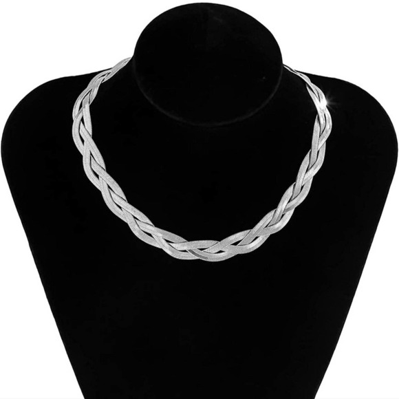 Braided Sterling Silver Herringbone Flat Snake Choker Necklace - Picture 5 of 5